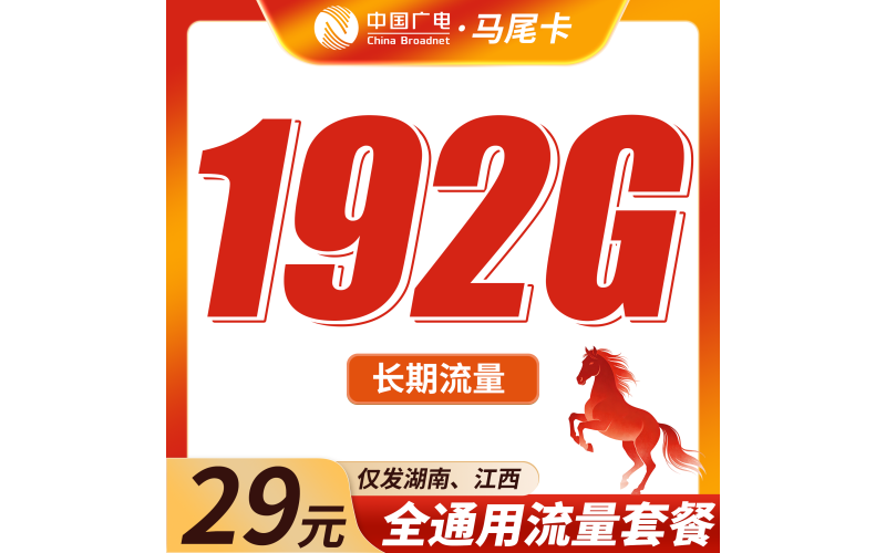 广电马尾卡29元192G通用流量+长期套餐！